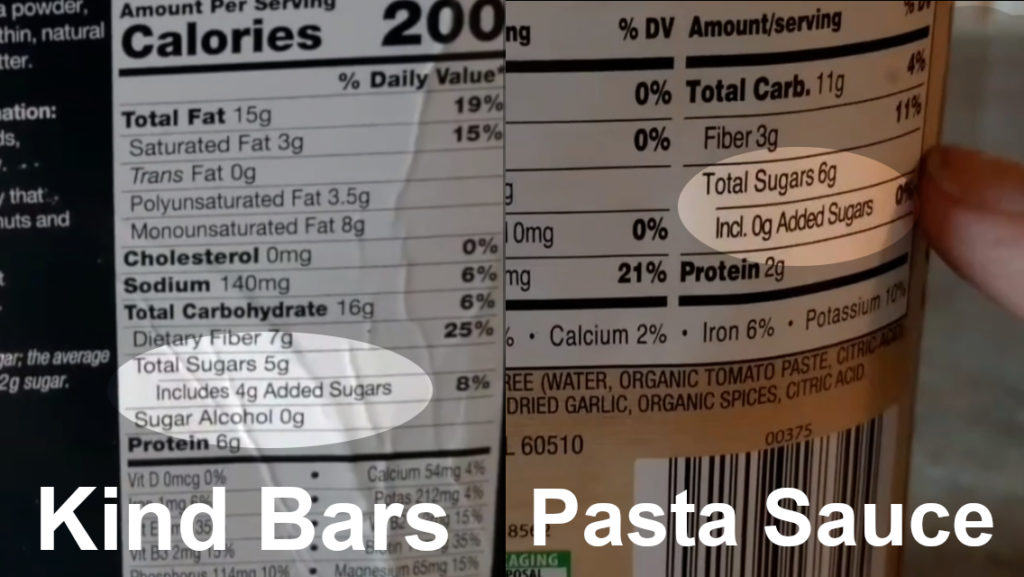 Nutrition labels of kind bars versus pasta sauce