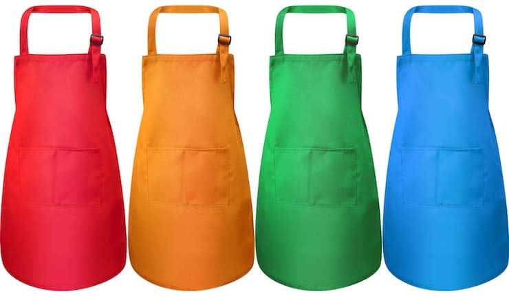 set of four colorful kid aprons