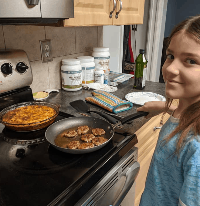 kids making breakfast - sausage and homemade latkes