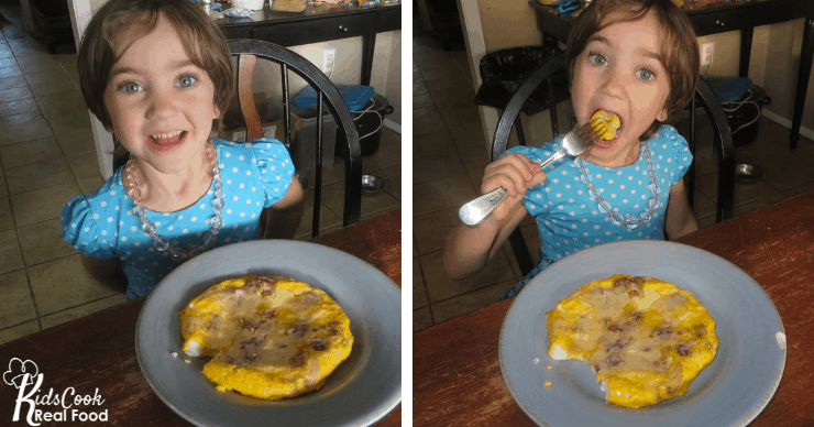 5 year old trying the frittata she made