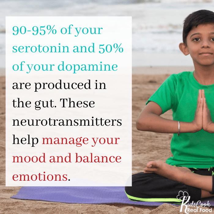 90-95% seratonin and 50% of dopamine produced in the gut (manage emotions and balance mood)