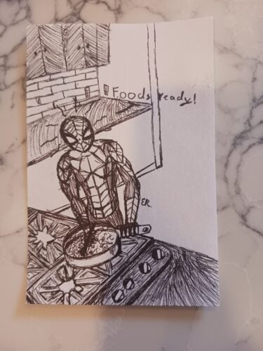 hand drawing of character cooking and saying "Food's ready!"