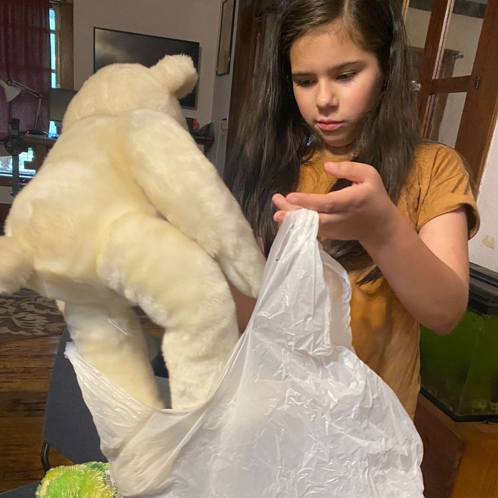 A girl loading outgrown stuffed animals into a bag to give away