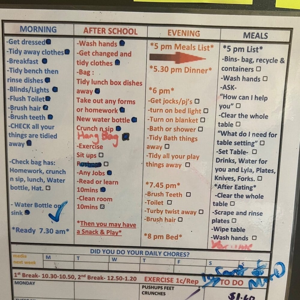 A handwritten family chore chart divided into morning, after school, evening and meals columns