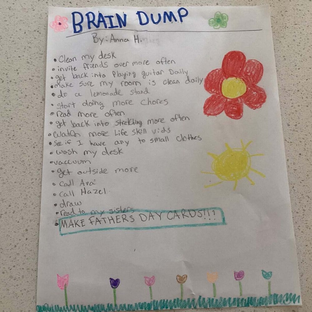 A hand-drawn brain dump poster listing everything a child wants to do