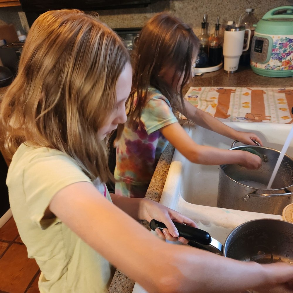 Two sisters at the kitchen sink washing pots together, one scrubbing and one rinsing